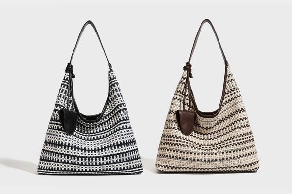 Slouchy woven stripe hobo shoulder bag with black-and-white pattern and leather-look strap, detail view 33