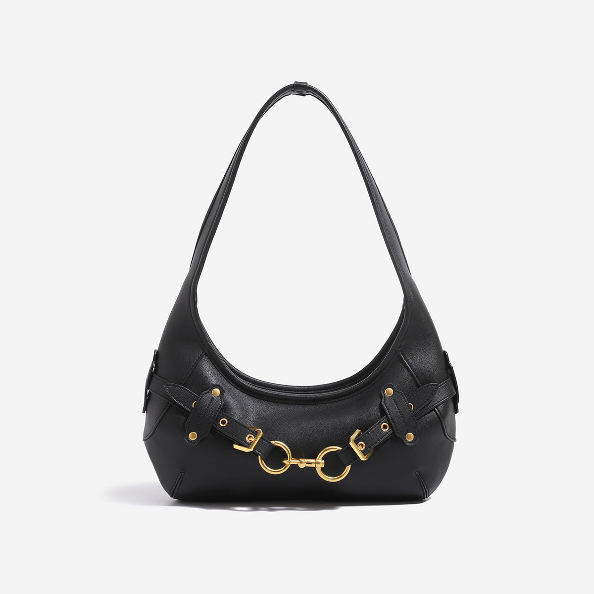 Slouchy hobo shoulder bag with gold-tone ring-and-buckle front hardware, zip top closure, and matte textured finish, detail