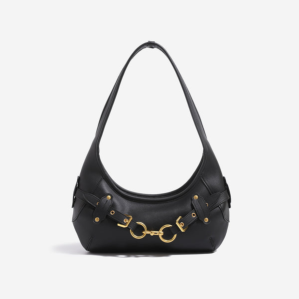 Slouchy hobo shoulder bag with gold-tone ring-and-buckle front hardware, zip top closure, and matte textured finish, detail