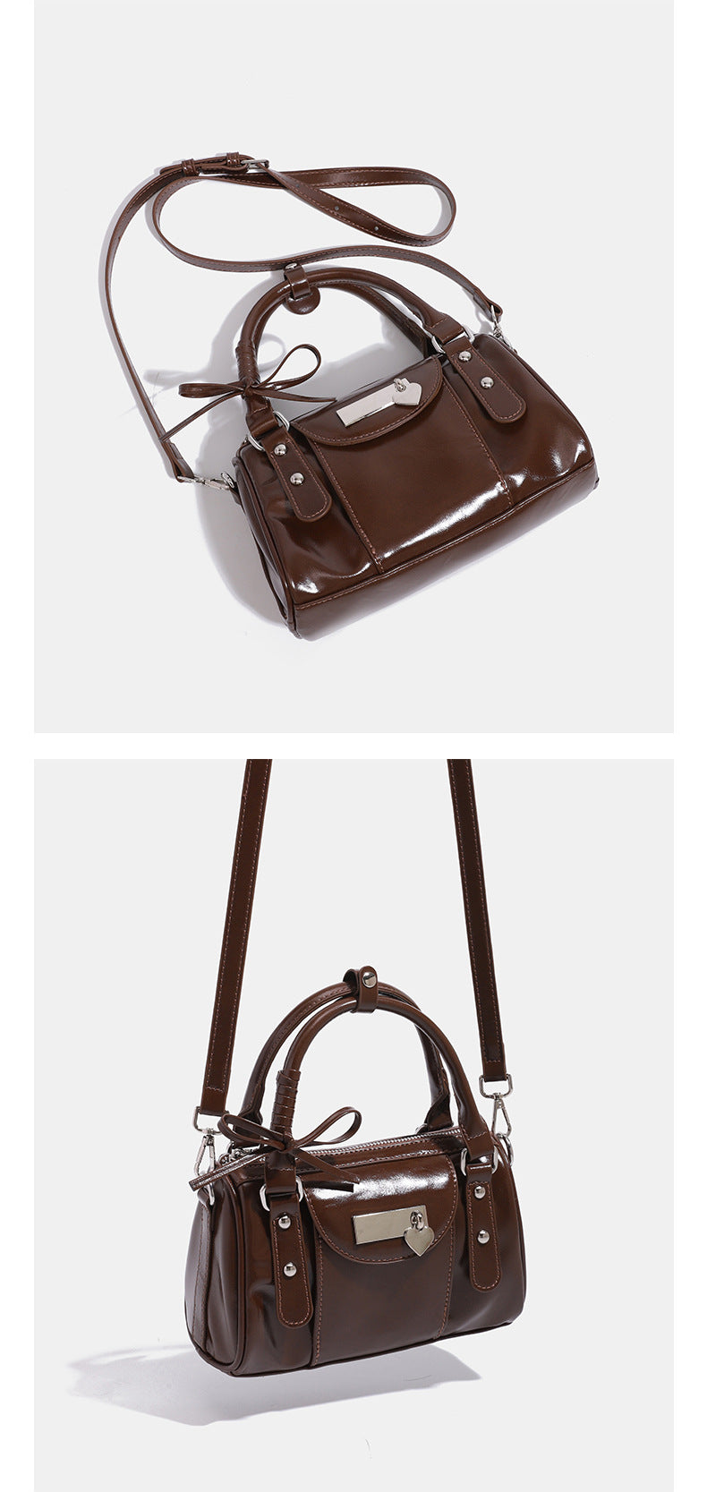 Kleine, formstabile Glanzledertasche mit zwei Henkeln, vorderer Klappentasche, herzförmigem Charm-Verschluss und silberfarbenem