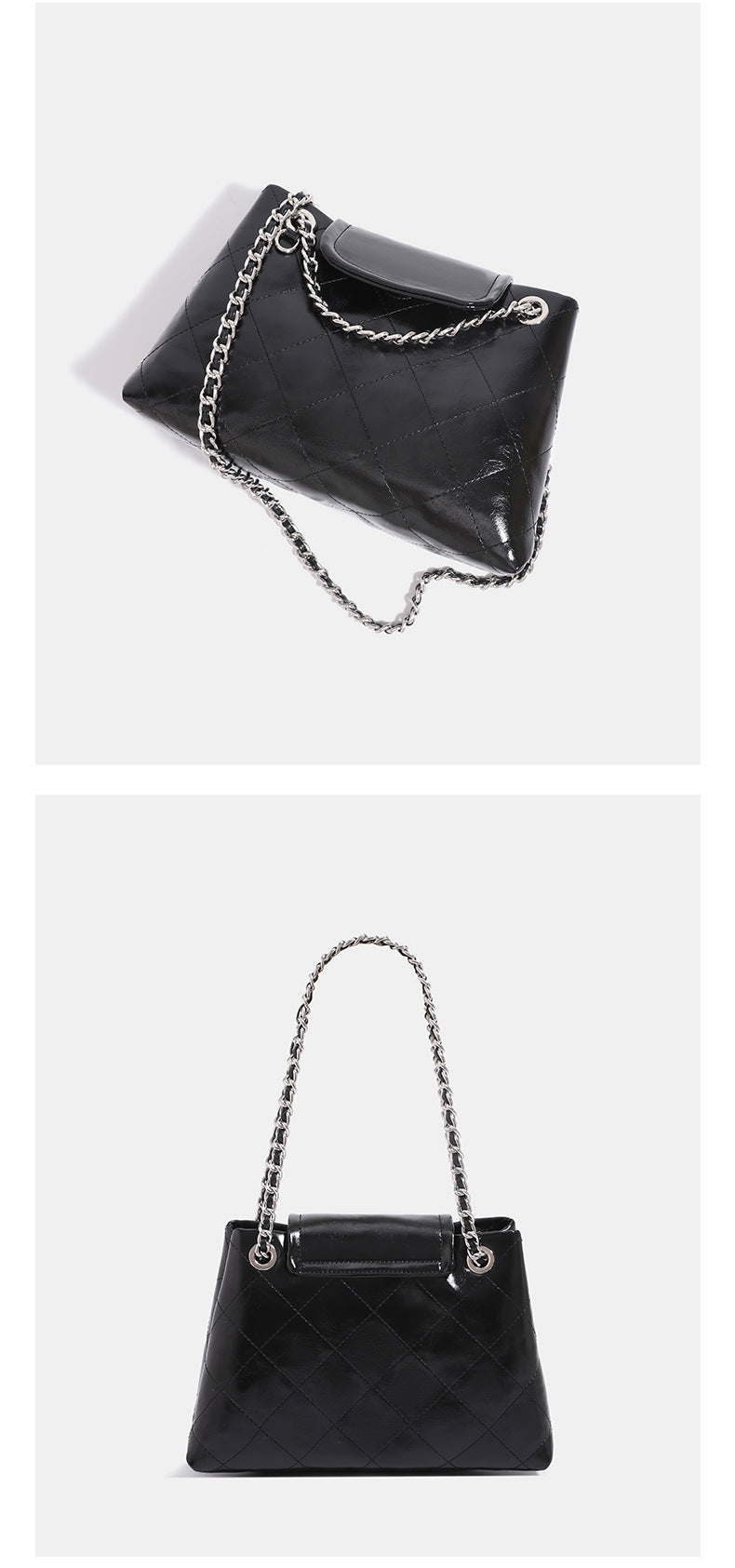 Quilted trapezoid shoulder bag with chain straps, flap closure, and ring hardware, detail view 13