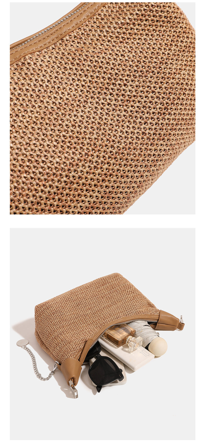 Geflochtene Hobo-Tasche aus Stroh mit geknotetem Tragegriff aus lederähnlichem Material, silberfarbenen Beschlägen und Kettenanhänger in Schwarz und Beige