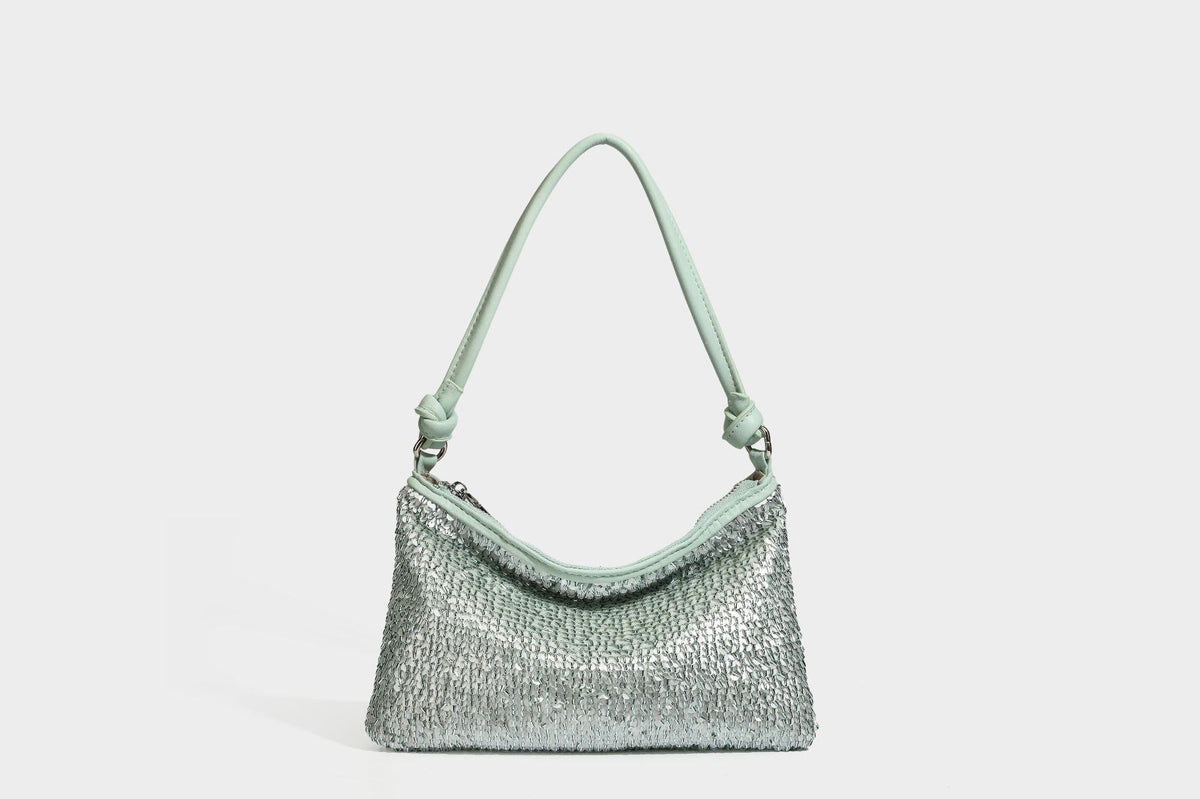 Small sequin hobo shoulder bag with knotted strap and zip closure, detail view 36