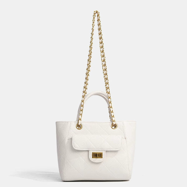 Diamond-quilted leather-look shoulder tote bag with gold-tone chain strap and dual top handles, detail view 7