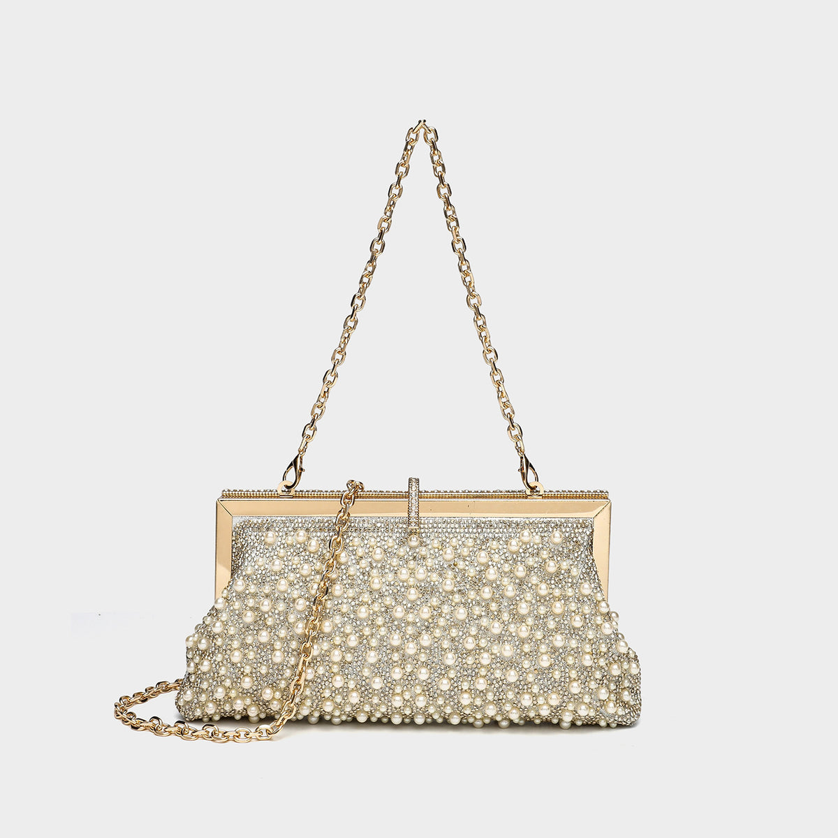 Rectangular faux-pearl and rhinestone-beaded evening clutch with silver-tone kiss-lock frame and detachable chain strap
