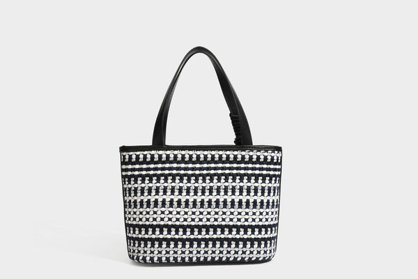 Kleine, strukturierte, gewebte Tote-Bag mit Karomuster, glatten Besätzen in Lederoptik, zwei Tragegriffen, abnehmbarem Schulterriemen und