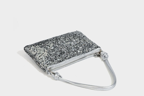 Small sequin hobo shoulder bag with knotted strap and zip closure, detail view 46