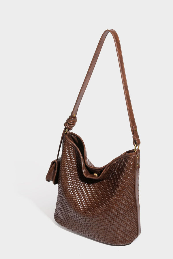 Woven-look slouchy hobo shoulder bag in brown with attached mini pouch and gold-tone hardware, detail view 33