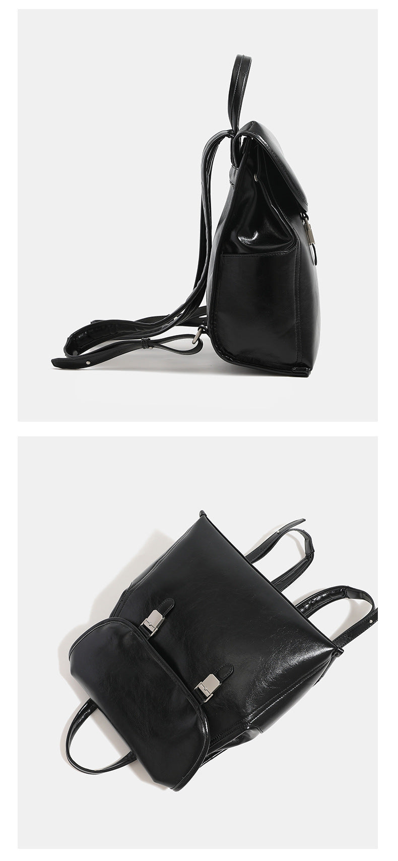 Structured glossy leather-look flap backpack with twin buckle closures and top grab handle, detail view 14