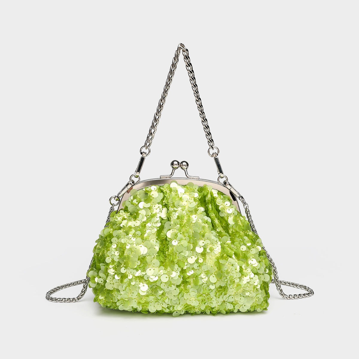 Small structured sequin kiss-lock evening bag with silver-tone chain strap in cream white, detail view 3