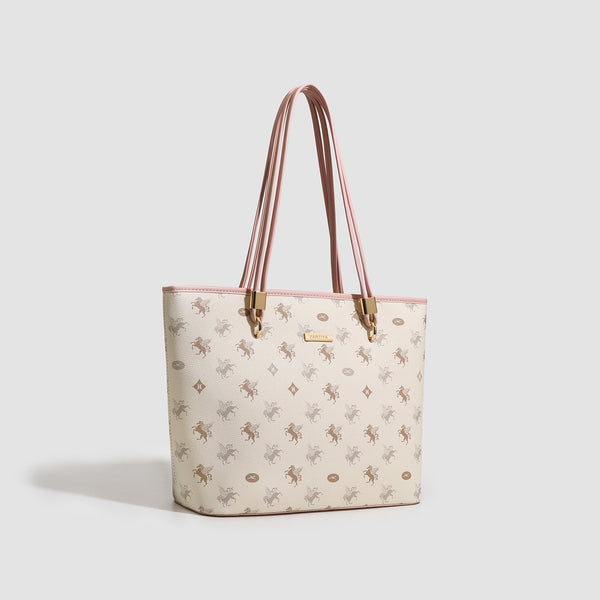 Cream structured tote bag with allover horse-and-crest print, blush-pink leather-look double shoulder straps, gold-tone