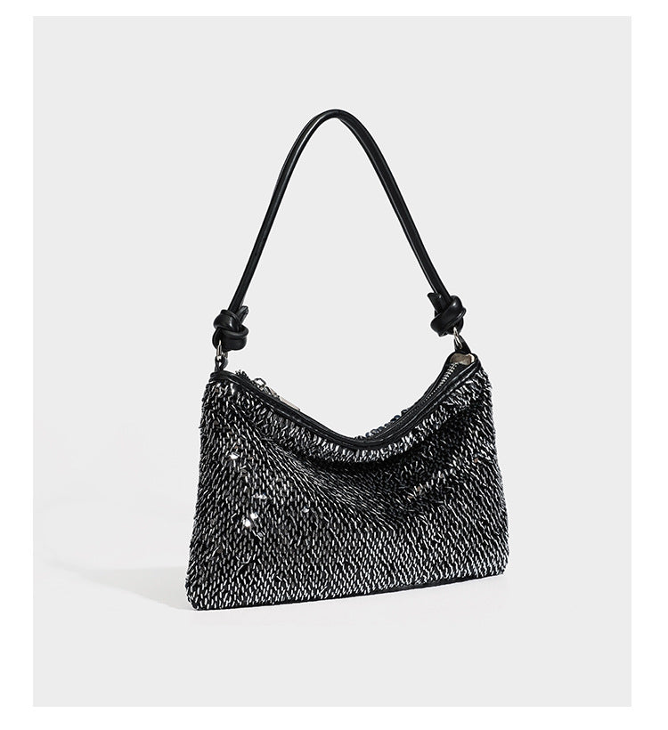 Small sequin hobo shoulder bag with knotted strap and zip closure, detail view 20