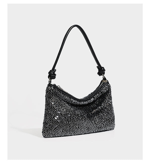 Small sequin hobo shoulder bag with knotted strap and zip closure, detail view 20