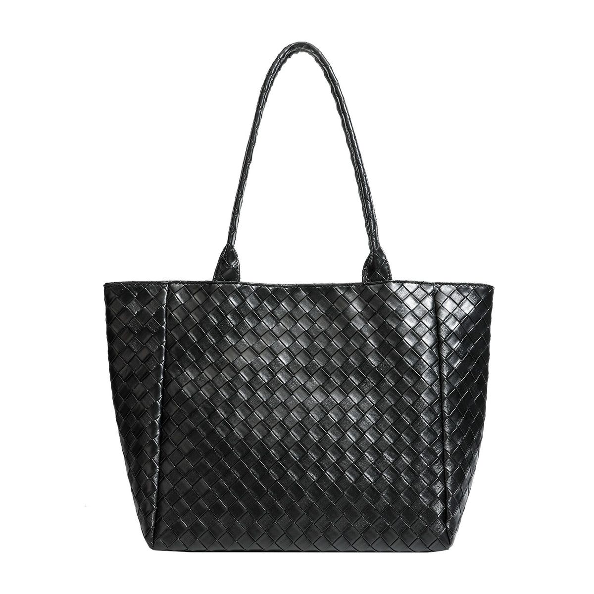 Large structured black woven diamond-pattern tote bag with braided double shoulder straps and glossy leather-look finish