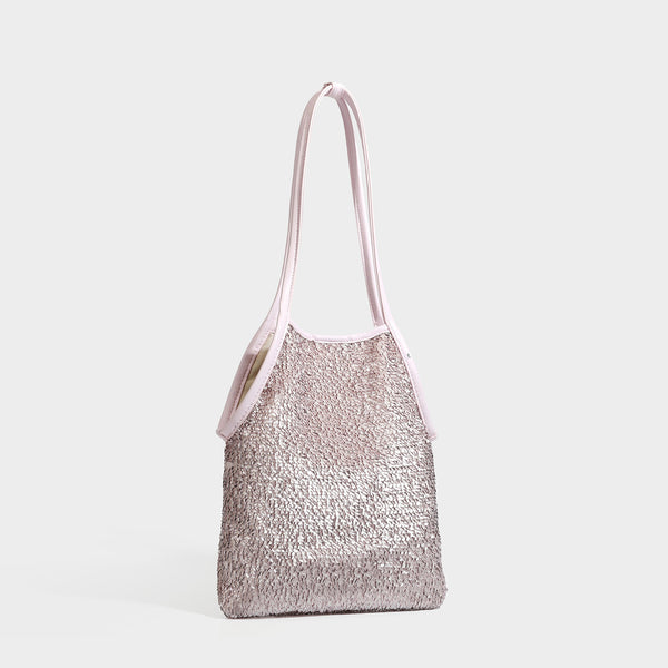 Kleiner Schulter-Shopper mit Pailletten, langem Metallic-Riemen und trapezförmiger Silhouette, Detailansicht 8