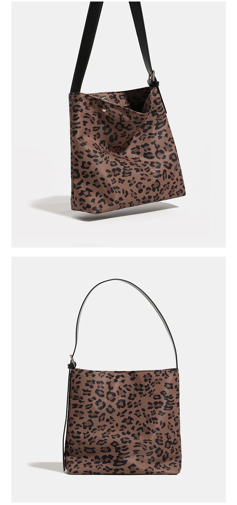 Brown and black leopard print canvas bucket bag with adjustable black leather-look shoulder strap and gold-tone hardware
