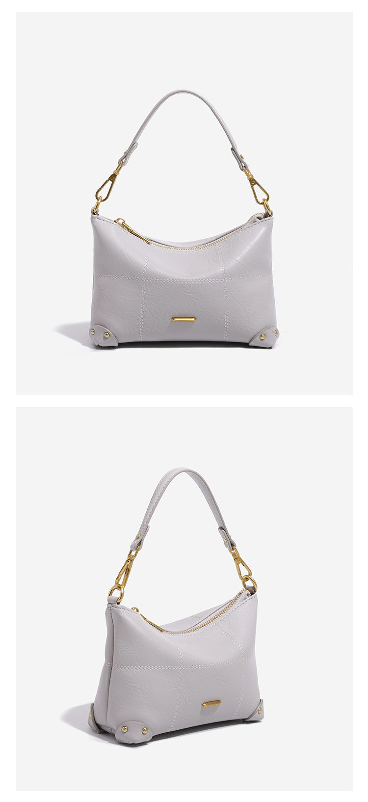 Small soft-structured shoulder bag with curved zip closure, stitched panel detailing, and gold-tone hardware, detail view 12