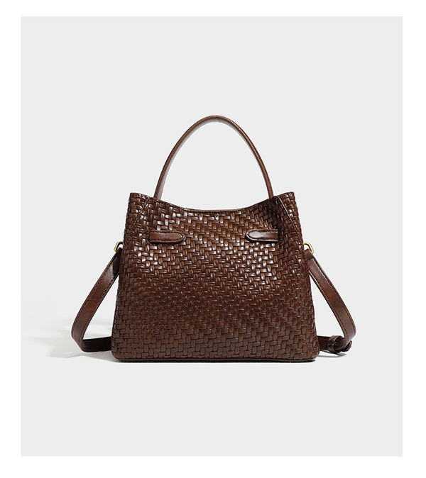 Structured woven leather-look bucket bag with gold-tone turn-lock hardware and detachable shoulder strap, detail view 15