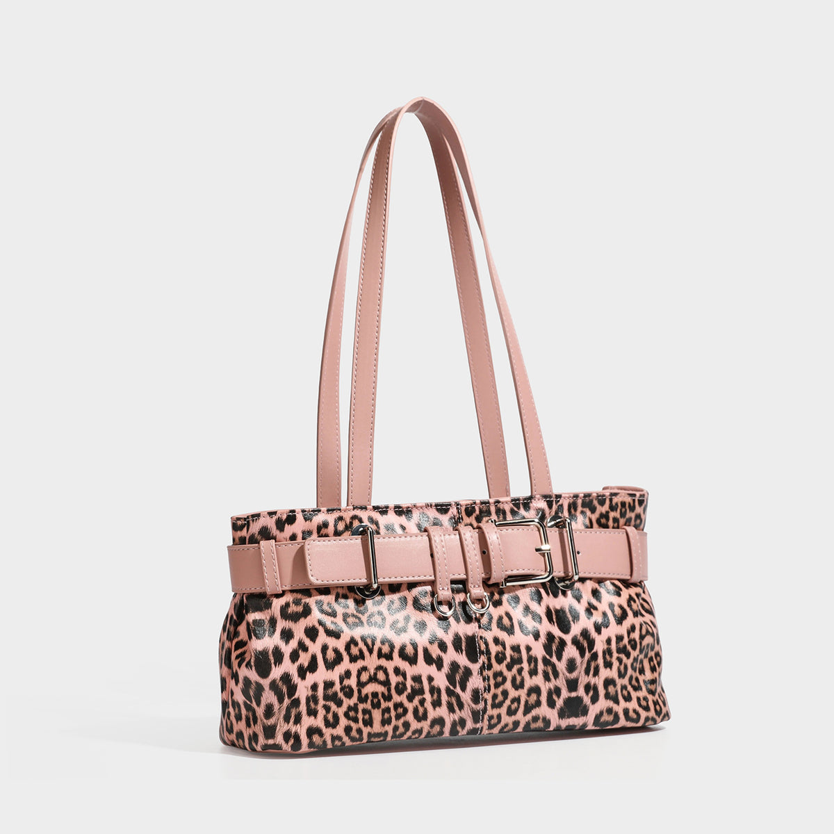 Structured leopard print shoulder bag with belt buckle wrap detail, long double straps, and silver-tone hardware, front view