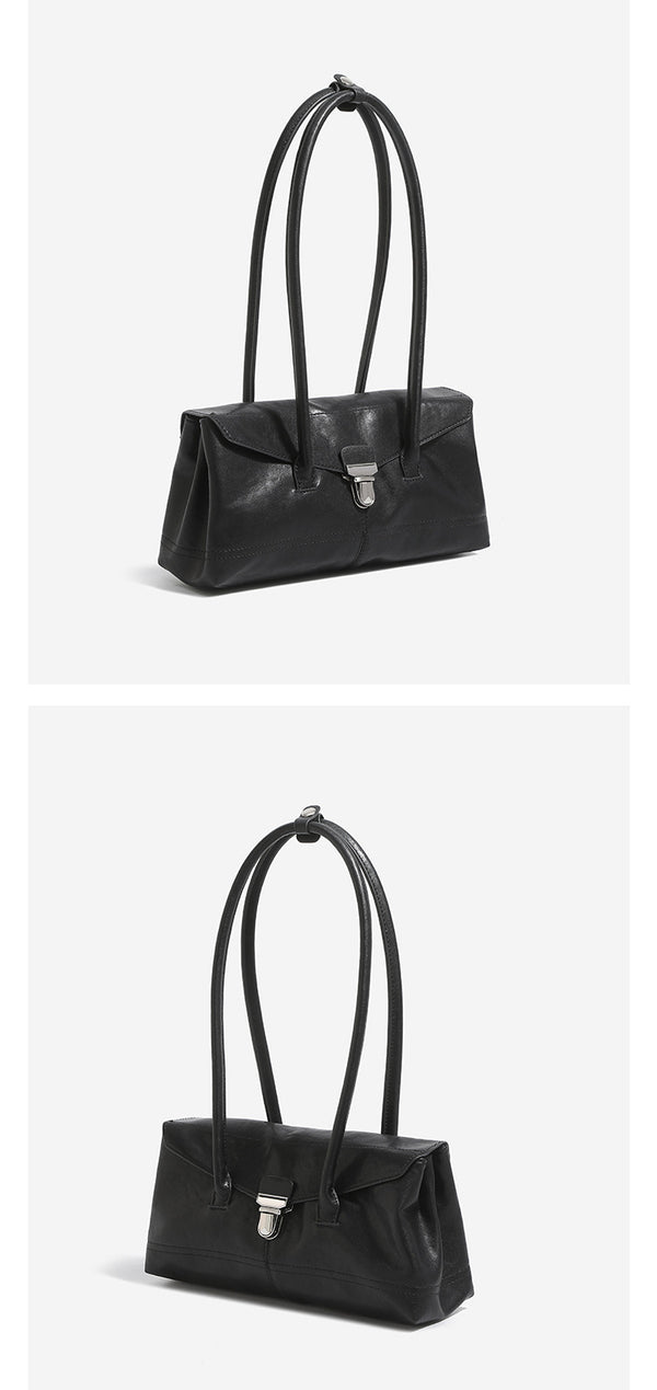 Compact structured rectangular flap shoulder bag with silver-tone turn-lock clasp and long rounded handles, detail view 14