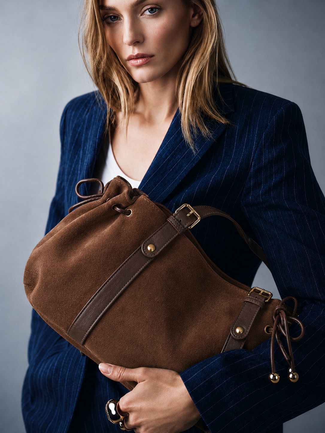 Soft suede-texture shoulder bag in brown with drawstring sides, leather-look vertical straps, gold-tone buckle hardware, and