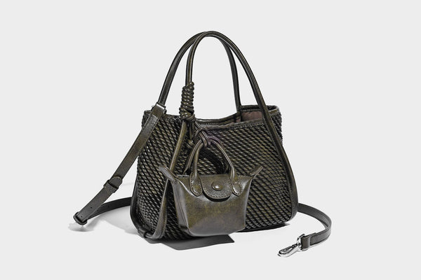 Large structured woven rope-texture tote bag with smooth leather-look trim, knotted dual top handles, detachable mini front
