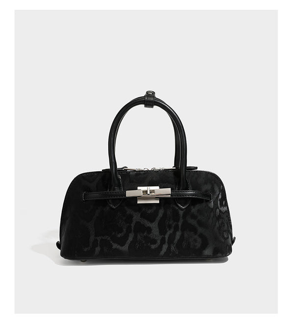 Strukturierte Henkeltasche mit tonal abgestimmtem Leopardenprint, Besatz in Lederoptik, gerollten Henkeln, vorderem Drehverschluss und