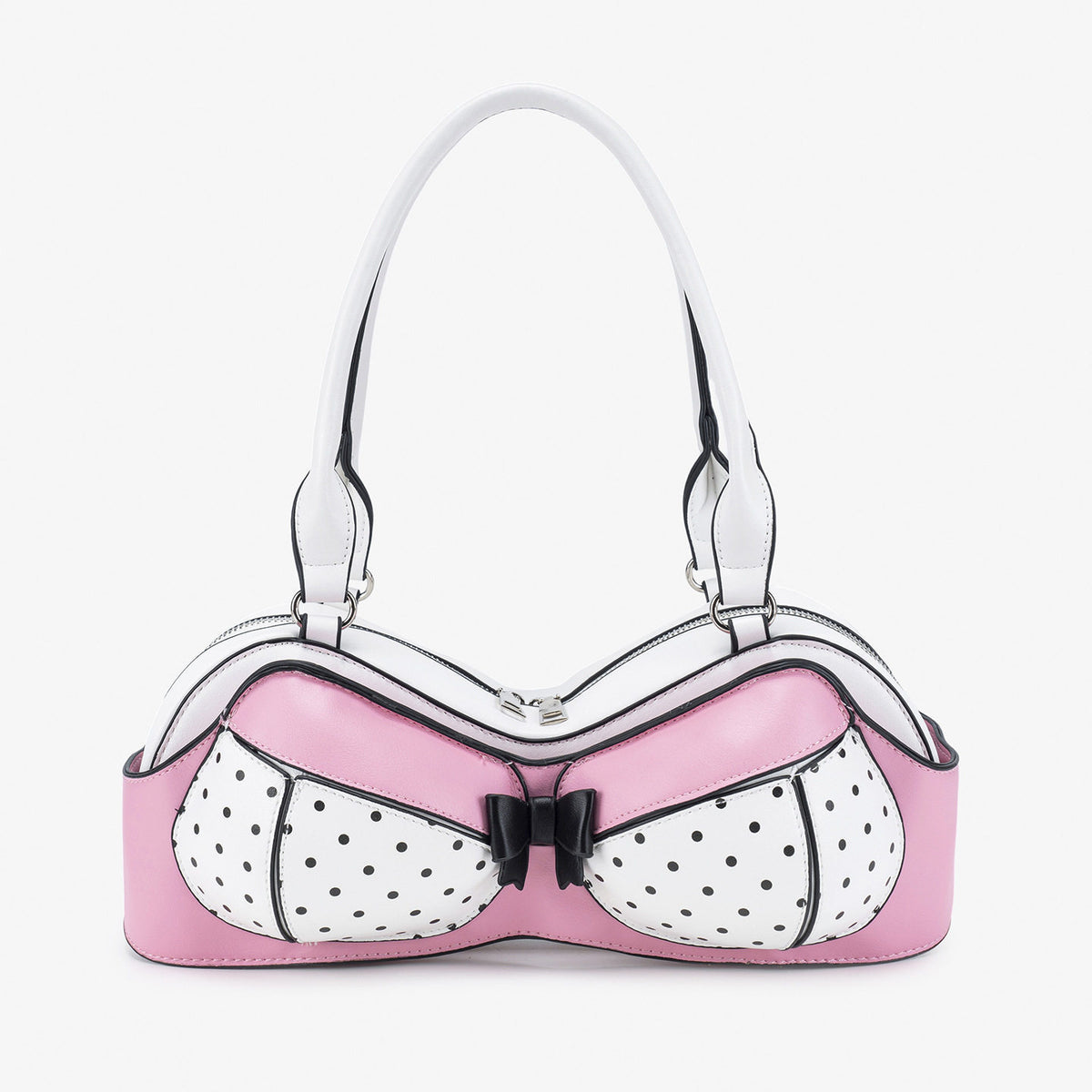 Strukturierte Handtasche mit rosa-weißen Punkten, übergroßer Schleife, schwarzem Besatz, Reißverschluss oben und zwei Henkeln