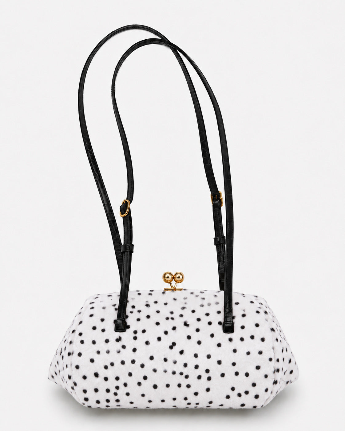 Spotted faux-fur barrel shoulder bag with gold kiss-lock clasp and black adjustable leather-look straps, detail view 7