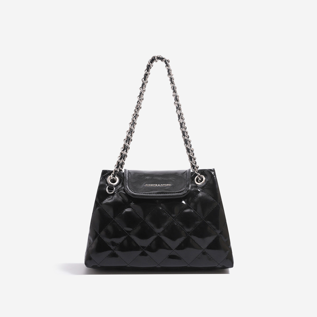 Structured diamond-quilted glossy black shoulder tote bag with interwoven silver chain strap and front flap snap pocket