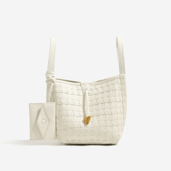 Woven embossed leather-look bucket bag with triangular texture pattern, gold-tone hardware, and attached mini snap pouch