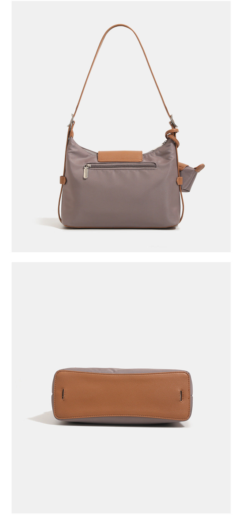 Slouchy hobo shoulder bag in smooth fabric with leather-look tan trim, zip-top closure, adjustable strap, and detachable