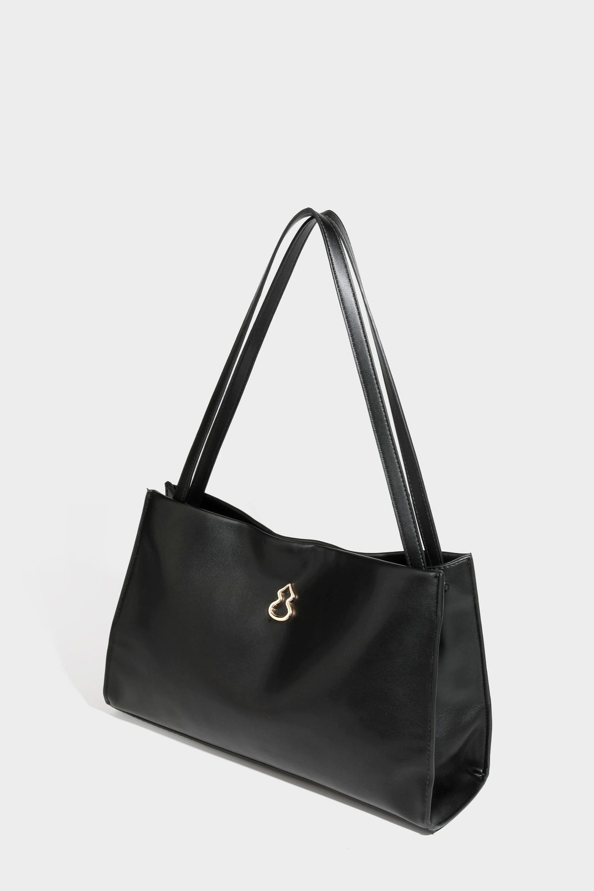Structured rectangular shoulder tote bag with smooth leather-look finish, long double straps, and gold-tone gourd emblem on