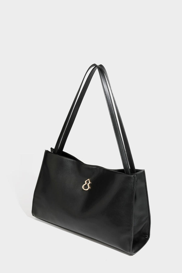 Structured rectangular shoulder tote bag with smooth leather-look finish, long double straps, and gold-tone gourd emblem on