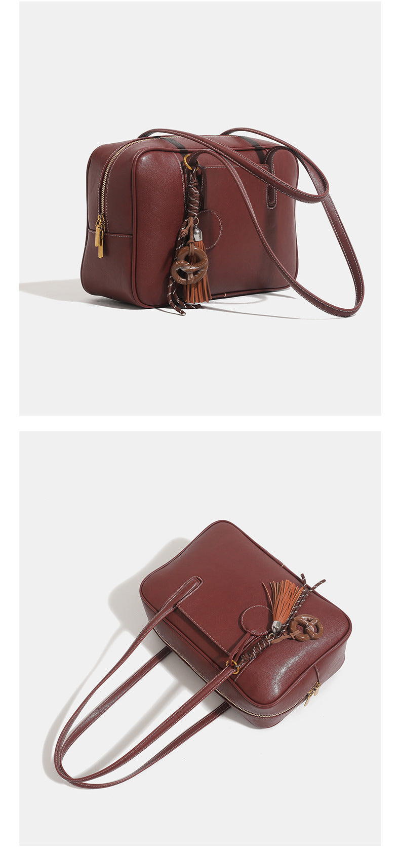 Structured rectangular leather-look shoulder bag with top zip, tassel and resin ring charm, and contrast topstitching, detail