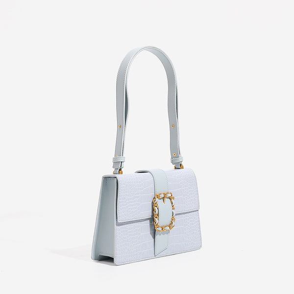 Structured crocodile-embossed flap shoulder bag with gold chain buckle hardware and adjustable strap, detail view 3