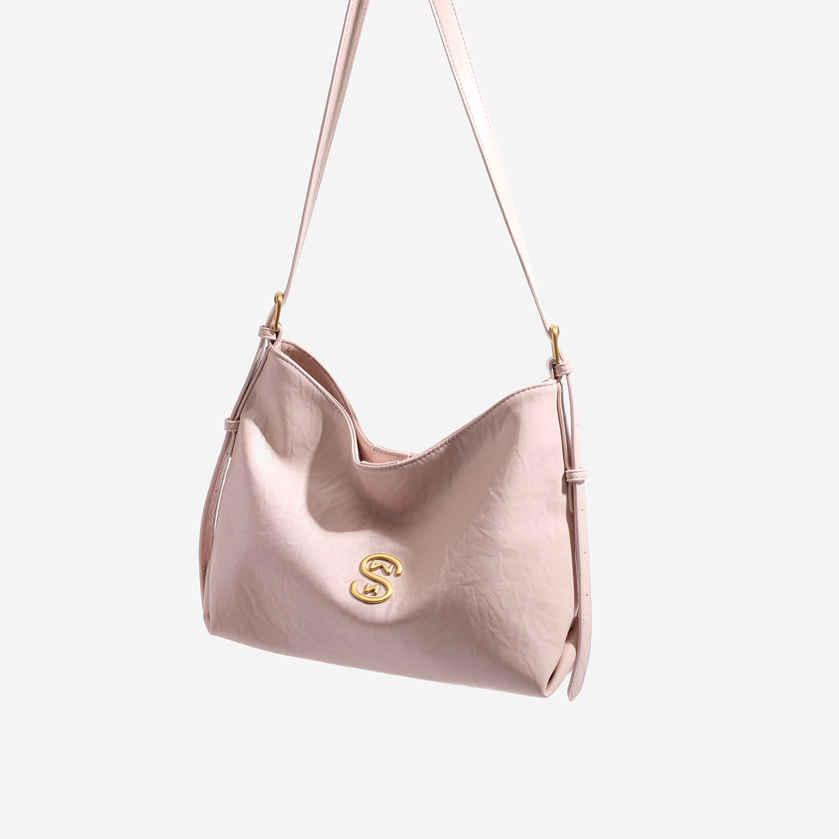 Crinkled leather-look hobo shoulder bag with gold-tone logo emblem and slim adjustable strap, detail view 3