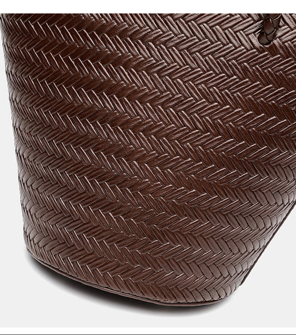 Woven herringbone-texture bucket bag with braided rope shoulder strap in dark brown, detail view 19