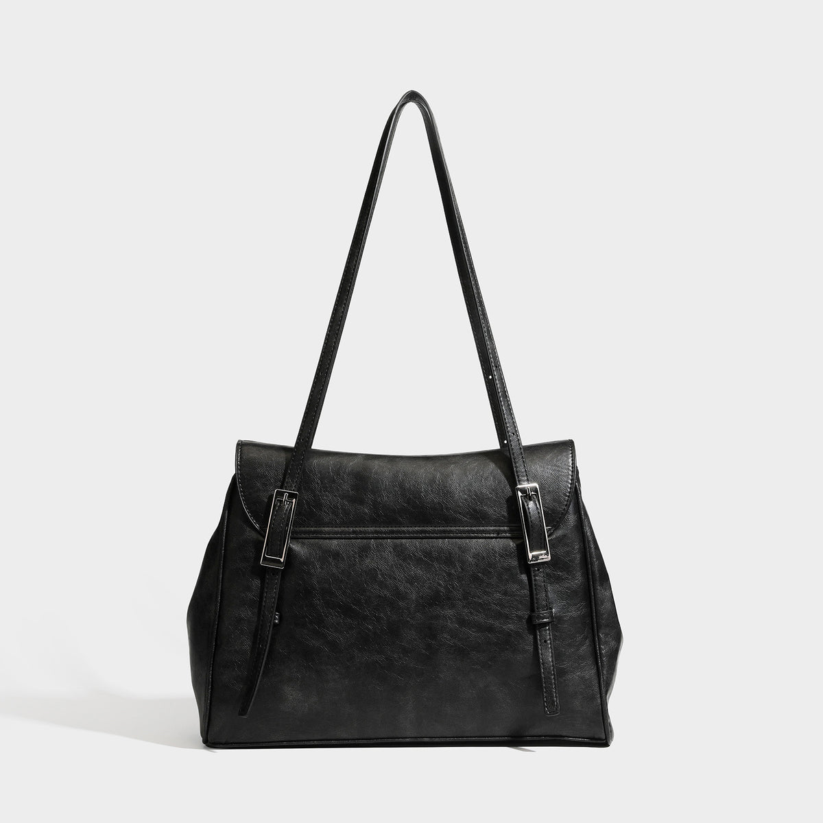 Structured flap-top shoulder tote bag in distressed leather-look finish with silver-tone buckle hardware and double shoulder