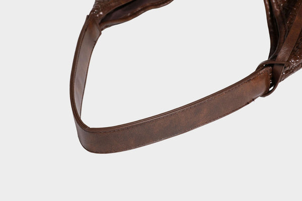 Slouchy woven leather-look hobo tote bag in brown with detachable zip pouch and gold-tone hardware, detail view 40