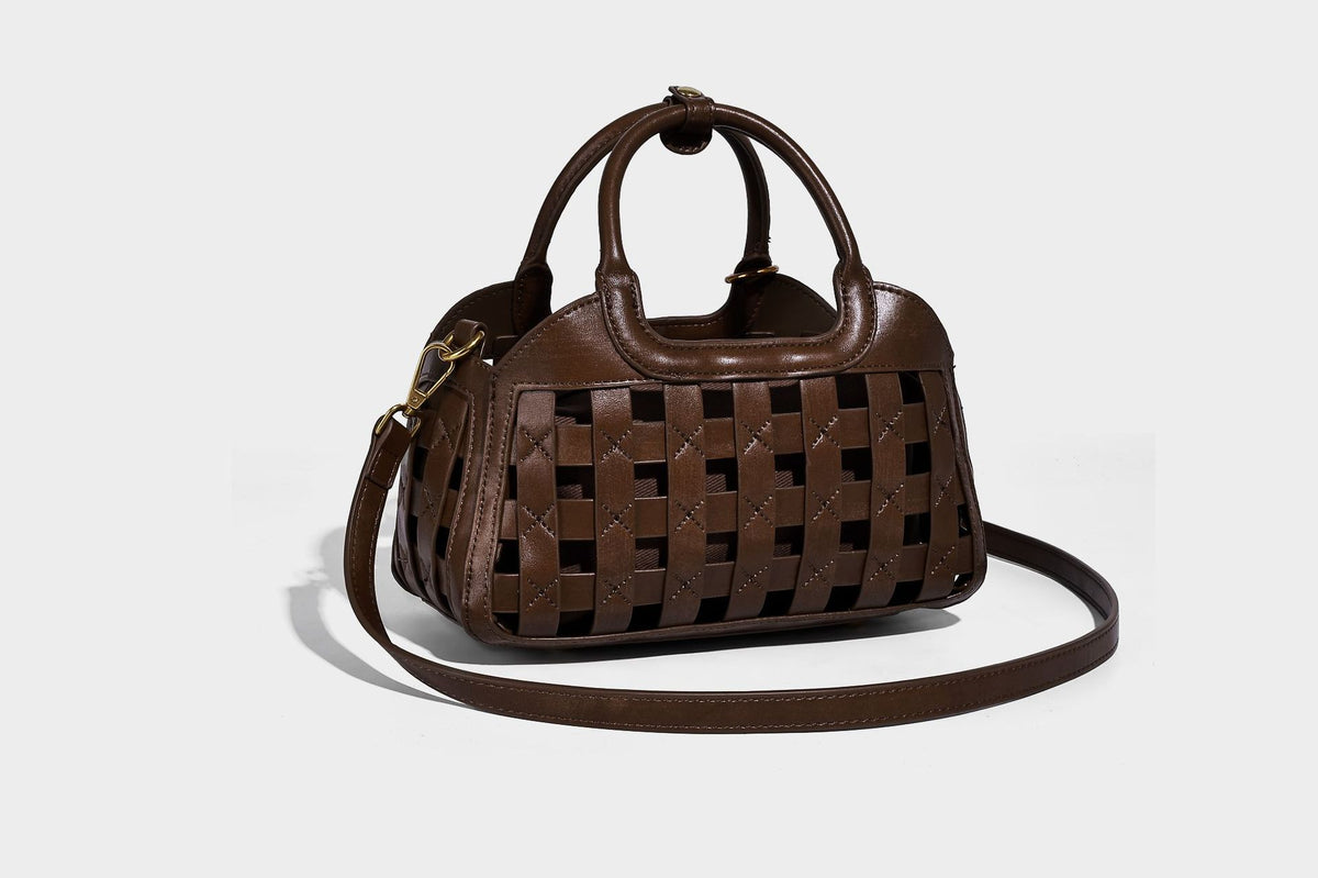 Small structured woven lattice top-handle satchel bag with bead-and-tassel charm and gold-tone hardware, detail view 19