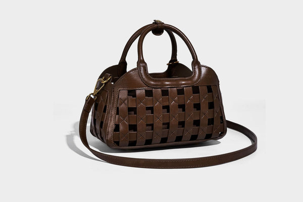 Small structured woven lattice top-handle satchel bag with bead-and-tassel charm and gold-tone hardware, detail view 19