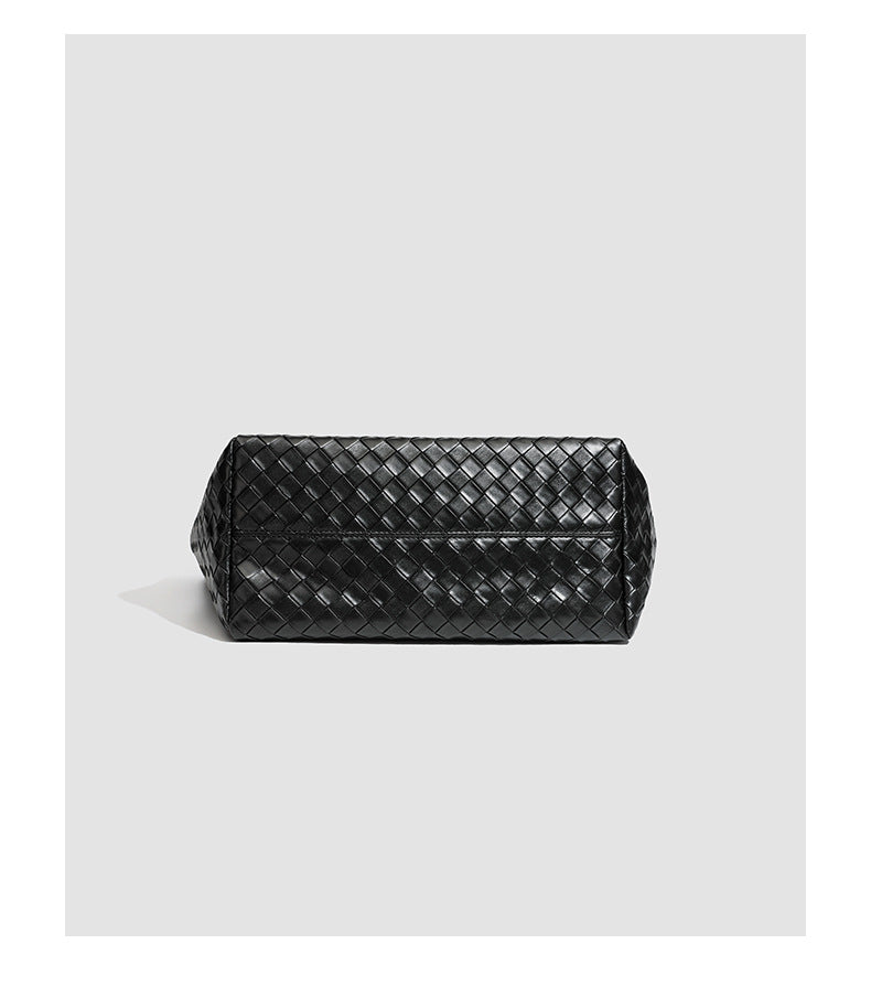 Large structured black woven diamond-pattern tote bag with braided double shoulder straps and glossy leather-look finish