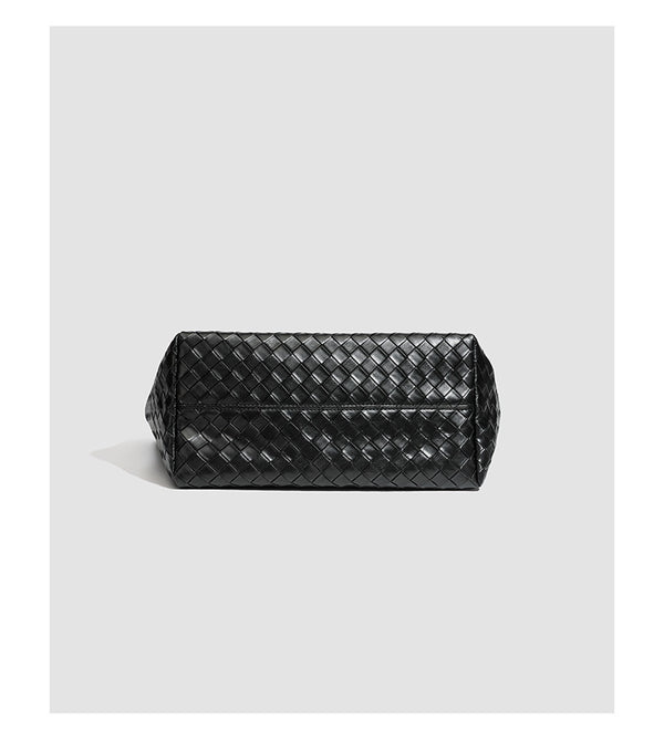 Large structured black woven diamond-pattern tote bag with braided double shoulder straps and glossy leather-look finish