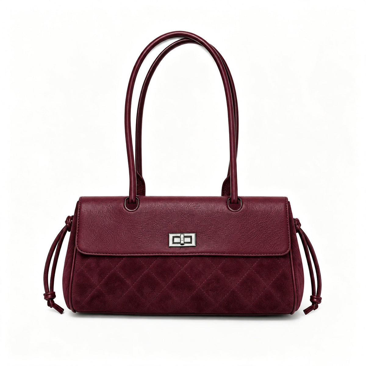 Compact two-tone quilted shoulder bag with black leather-look flap, silver turn-lock clasp, diamond-quilted body, side