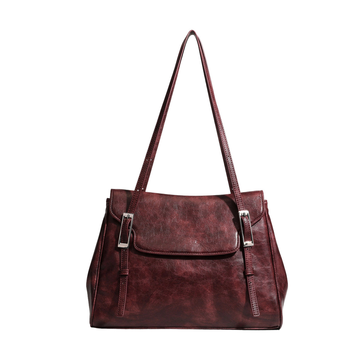 Large structured shoulder tote bag in wine red textured leather-look finish with front flap closure and silver-tone buckle
