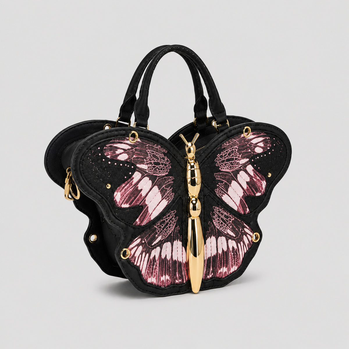 Schwarze Handtasche in Schmetterlingsform mit rosafarbenem Flügelprint und goldfarbenem, skulpturalem Schmetterlingskörper als Zipper, Detailansicht 15