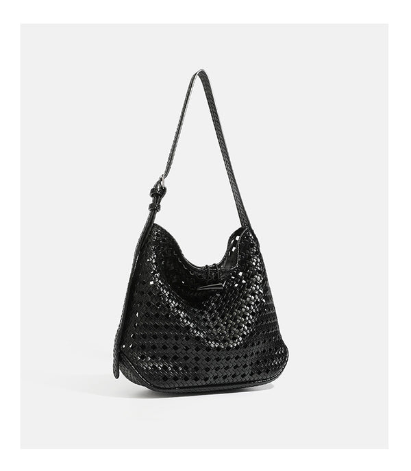 Brown open-lattice woven leather-look hobo shoulder bag with braided strap and matching zip pouch, detail view 22