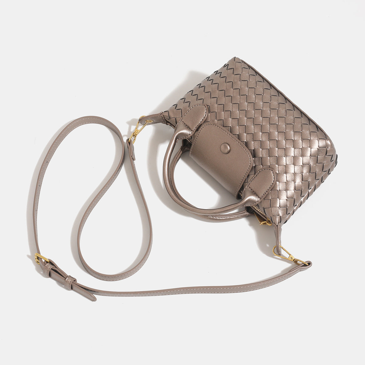 Small structured woven leather-look top-handle bag with gold-tone hardware and detachable crossbody strap, detail view 4