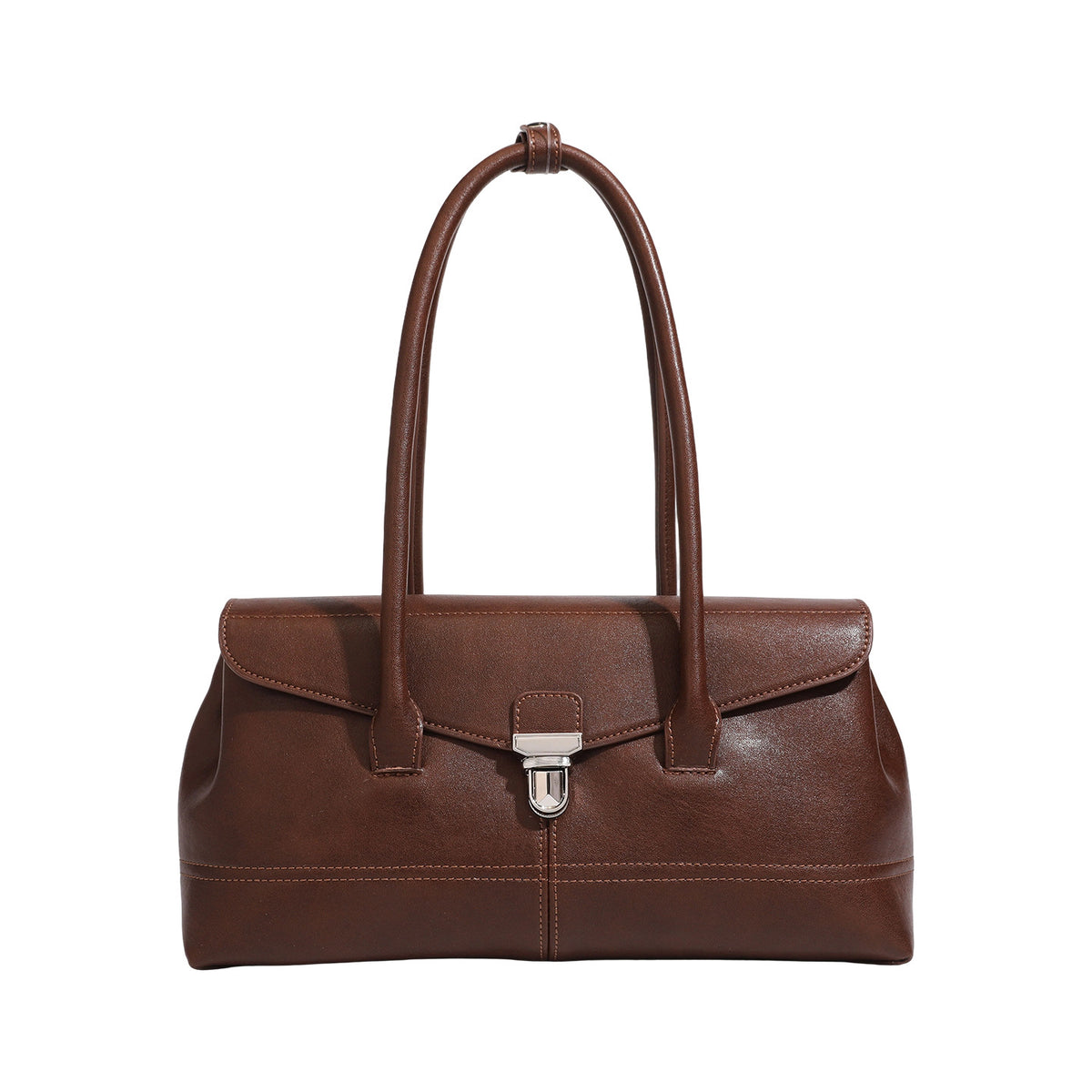 Structured rectangular satchel bag with dual rounded top handles and central metal turn-lock flap closure, detail view 5